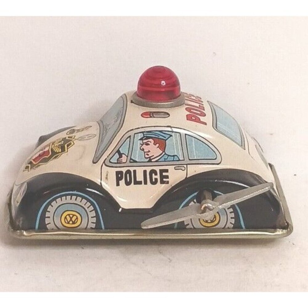 Tin Toy VW Volkswagon Beetle Police Hero Wind Up Vintage Tested Made In Japan